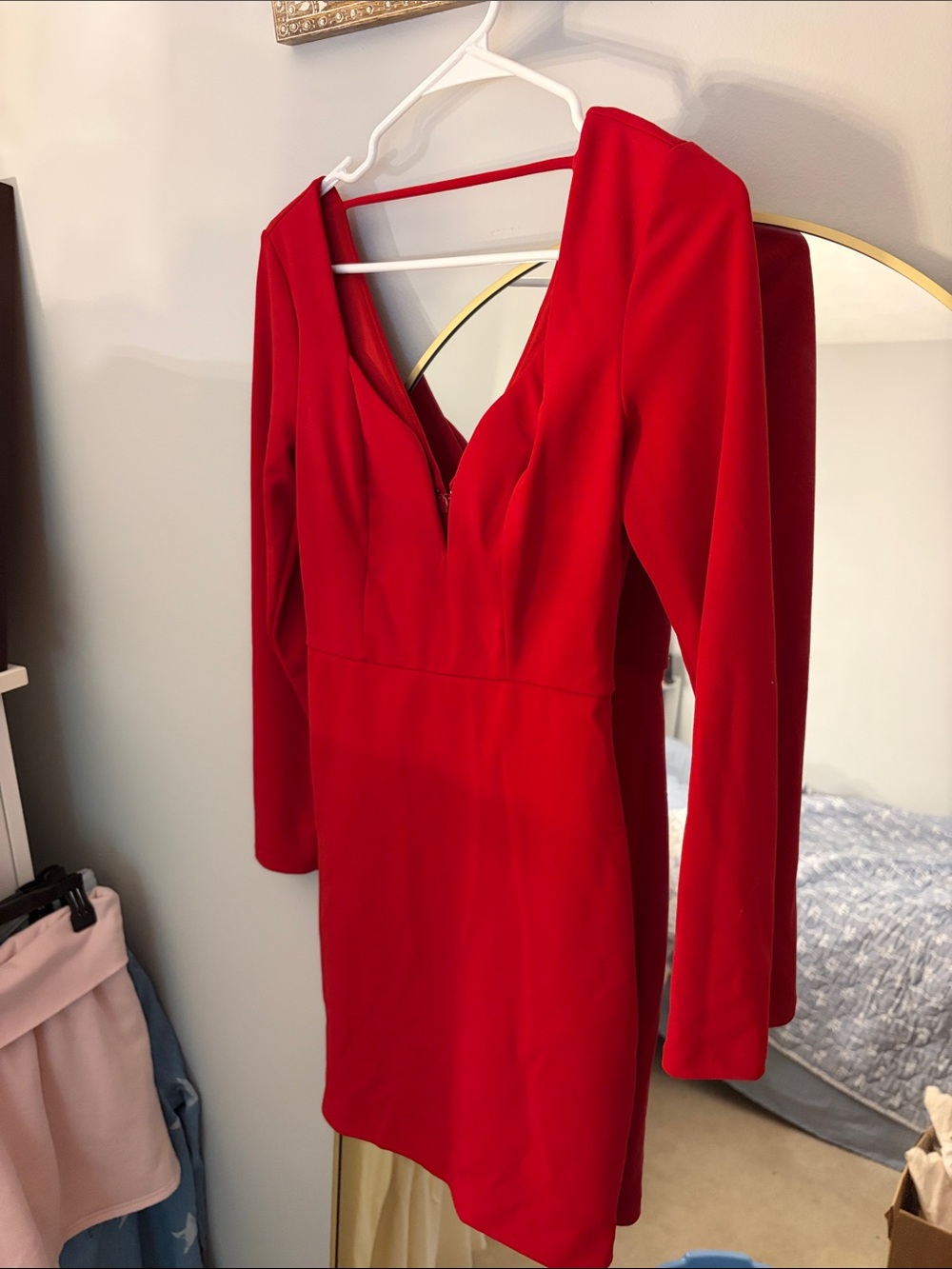 Express Red Long-Sleeve V-Neck Mini Dress